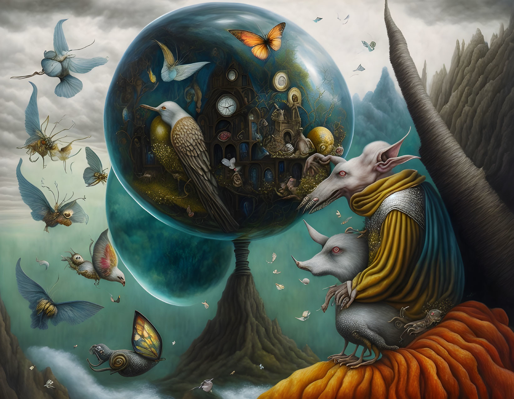 Surreal artwork: glass orb with clockwork tree, animals in dreamlike landscape