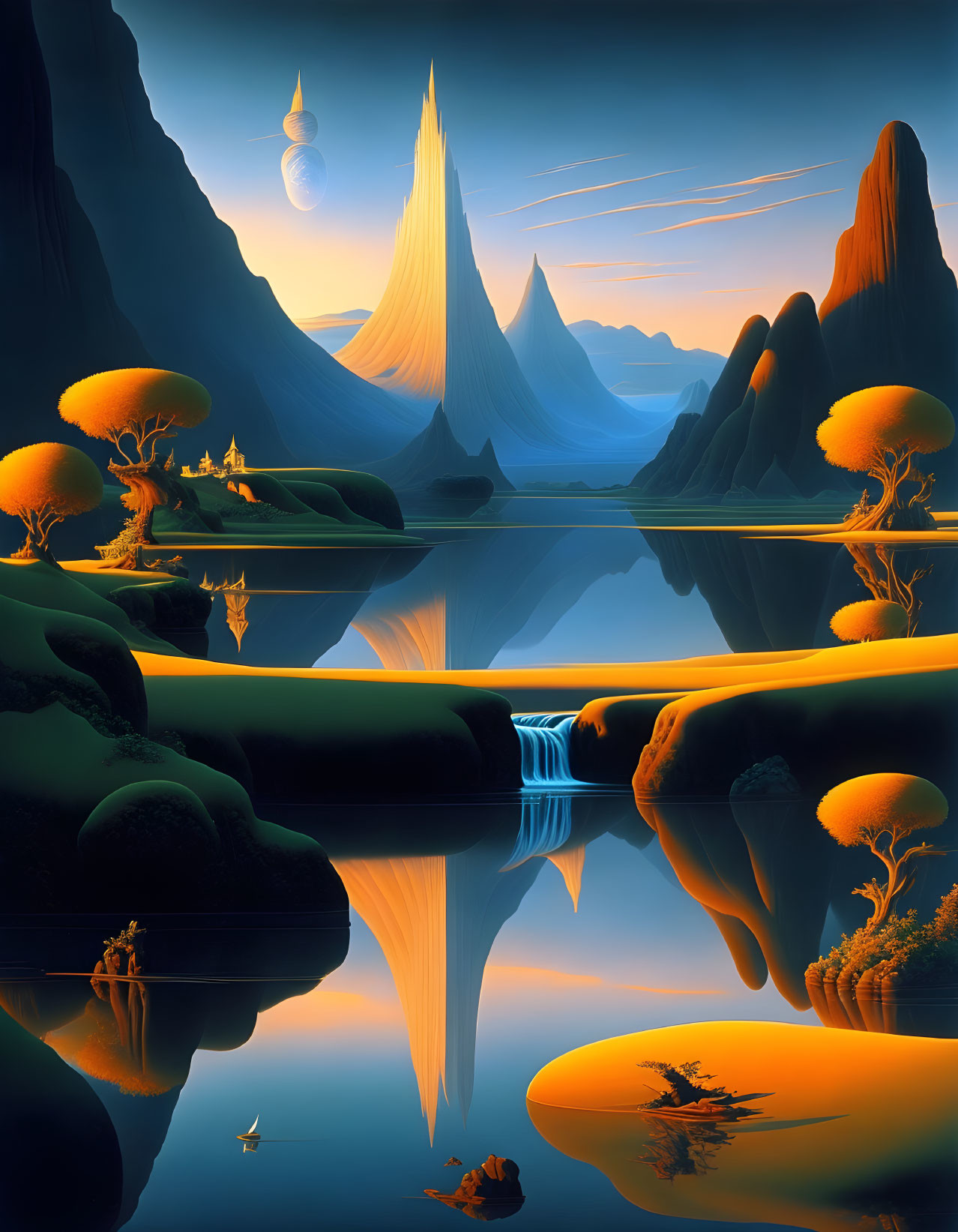 Alien landscape with smooth mountains, reflective water, orange canopy trees, waterfall, and ringed planet