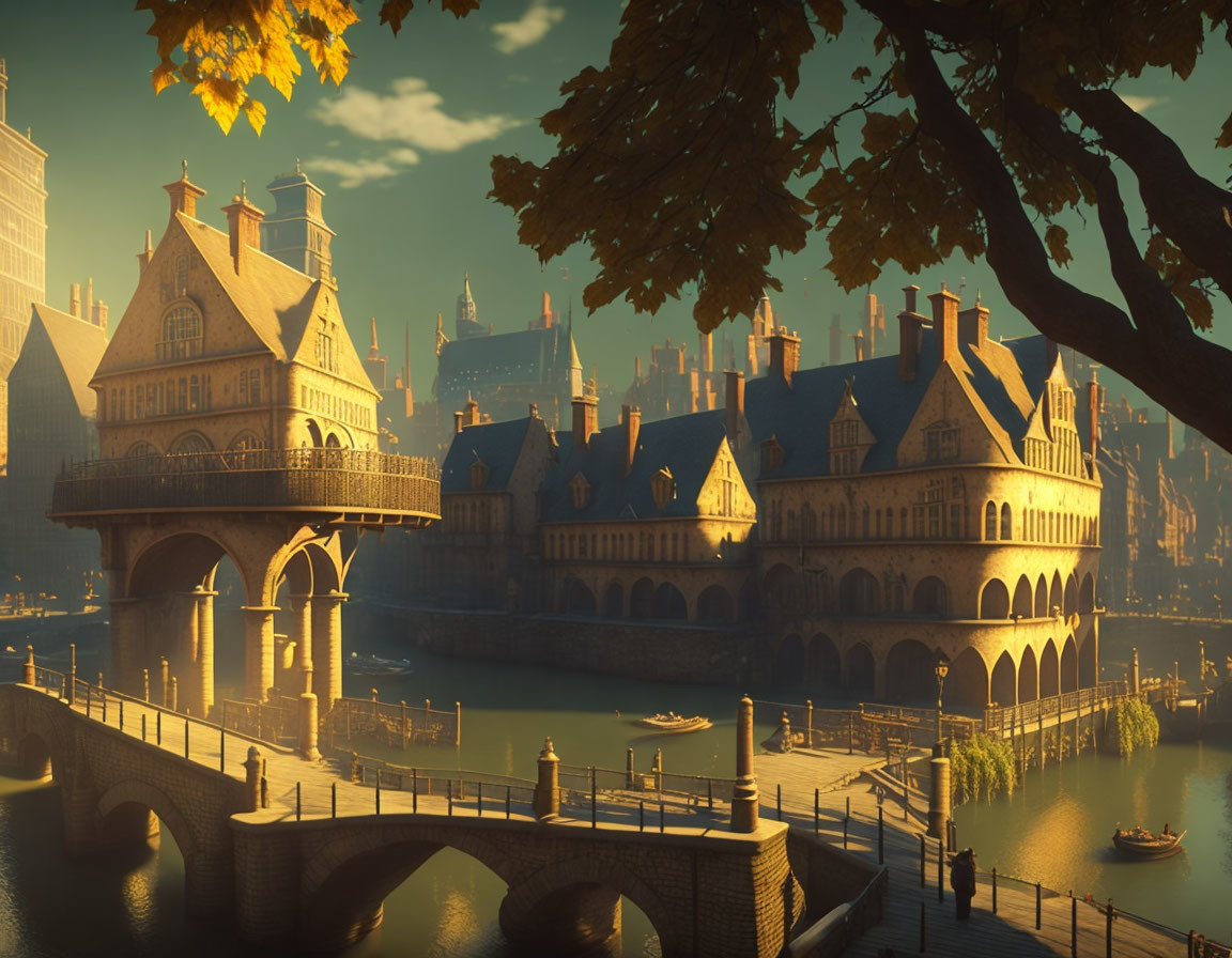 Serene old-world cityscape with ornate buildings and stone bridges in autumnal light