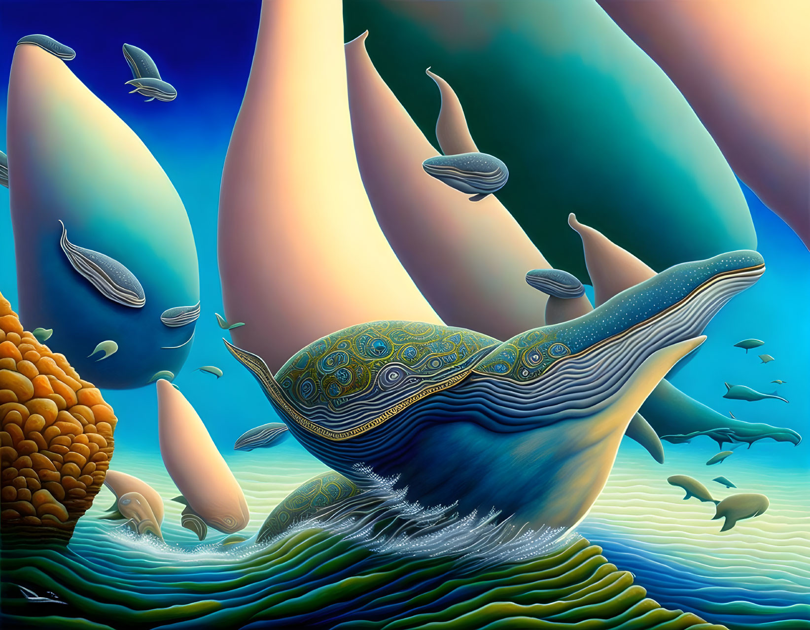 Stylized whale in surreal ocean with oversized fish & abstract sea formations