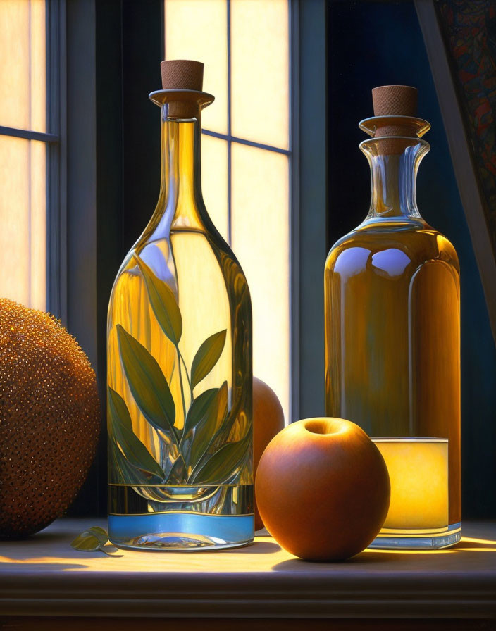 Corked Glass Bottles with Olive Branch Design and Fruits on Windowsill