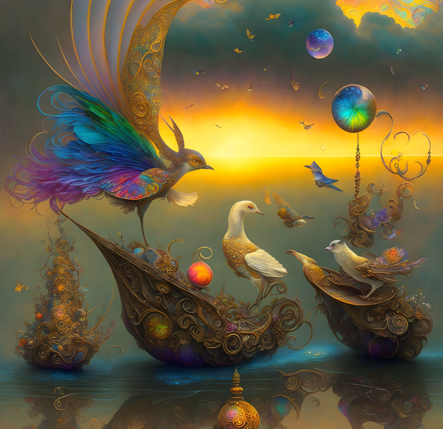 Vibrant birds on ornate boats at golden sunset with whimsical details