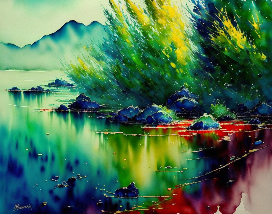 Serene lakeside watercolor with lush greenery & distant mountains