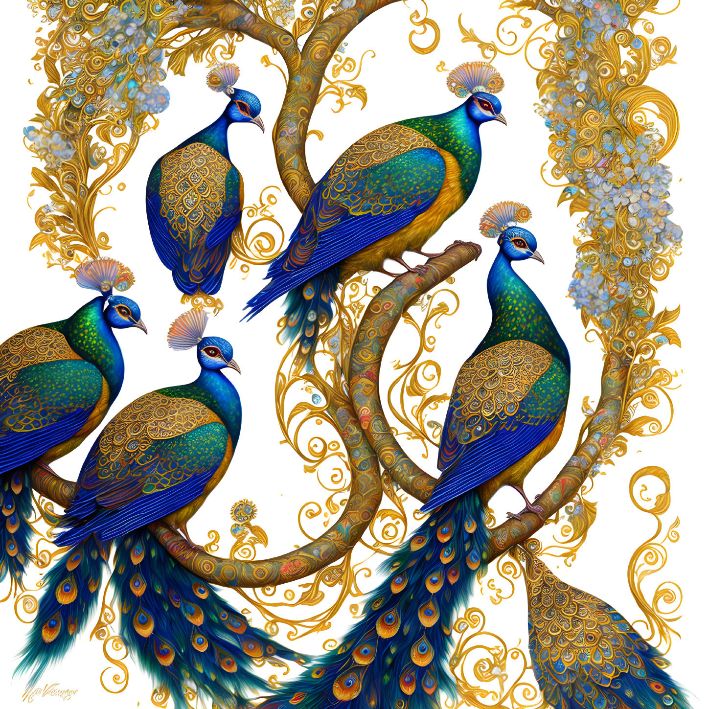 Colorful Peacock Illustration on Gold Branches White Background