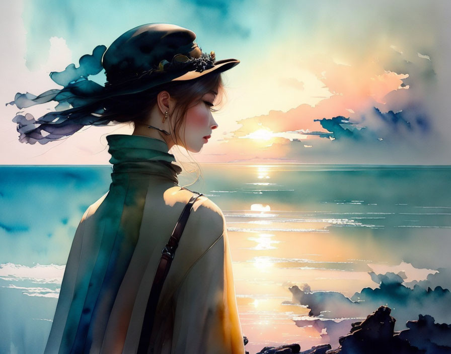 Vintage-dressed woman by serene sea at pastel sunset