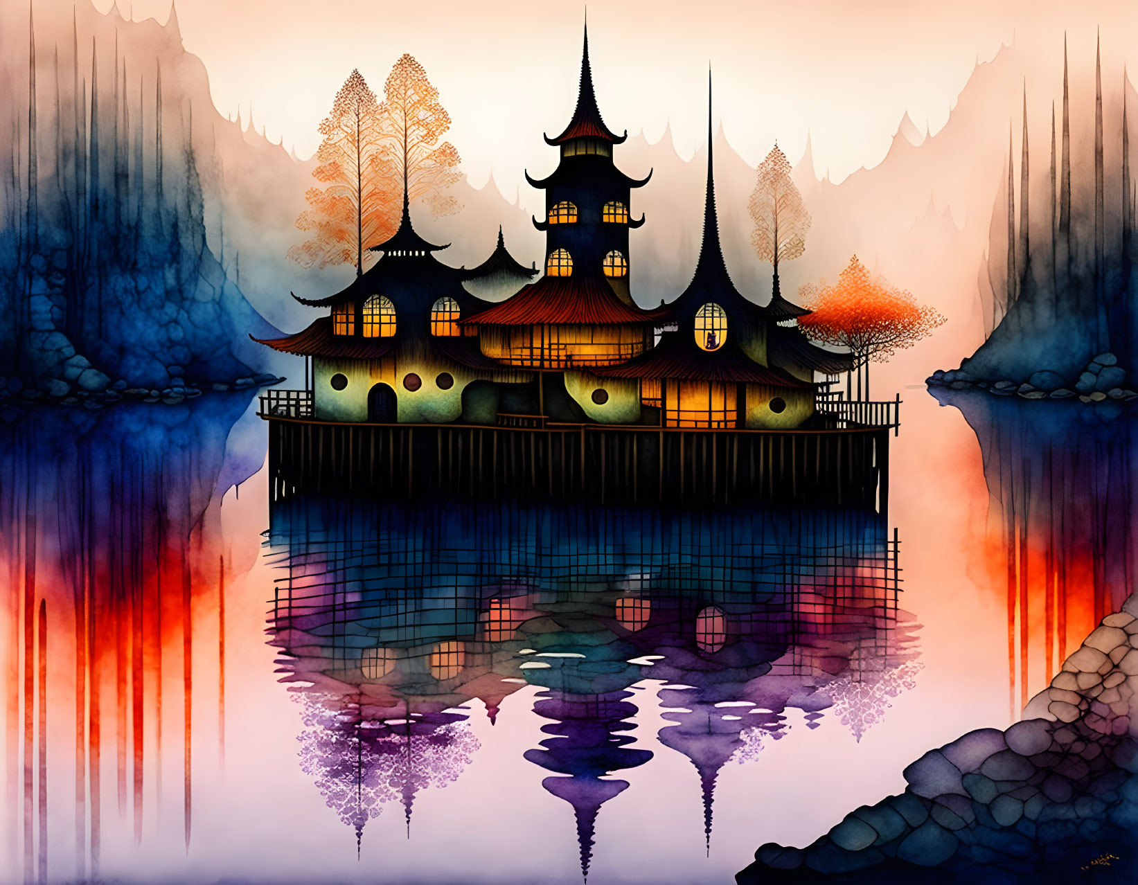 Tranquil Asian-style building reflected in water at sunset