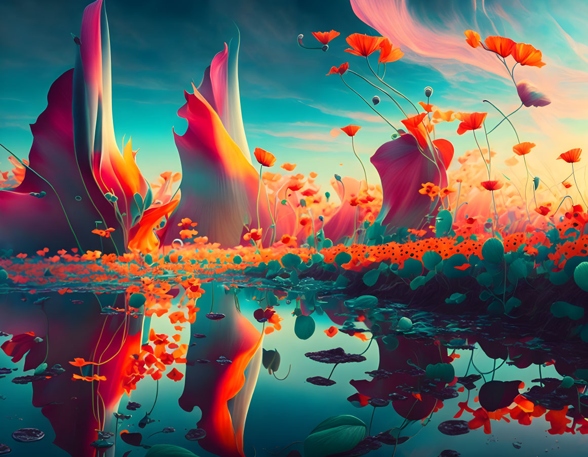 Surreal landscape with crimson poppies, undulating hills, and cyan sky