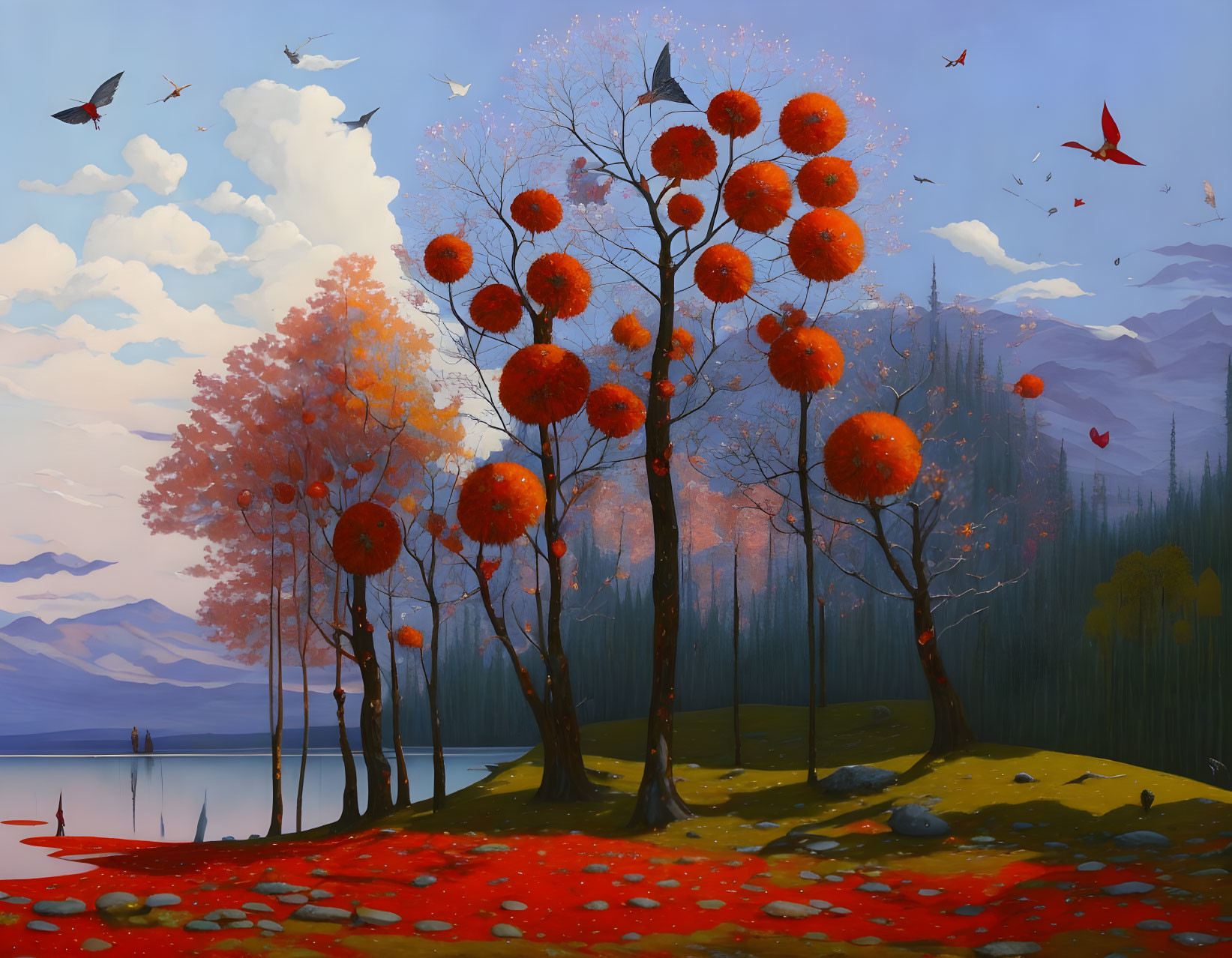 Vibrant red-orange autumn landscape with mountains, fallen leaves, and soaring birds