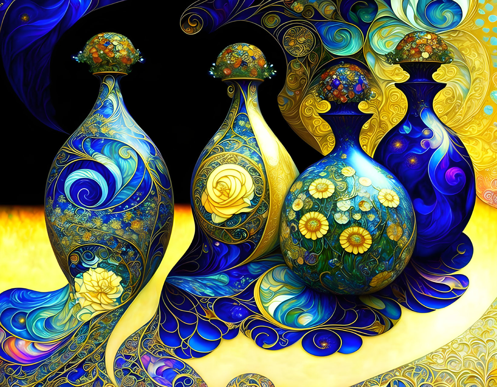 Colorful Ornate Vases: Blue, Gold, Yellow Patterns & Floral Peacock Motifs