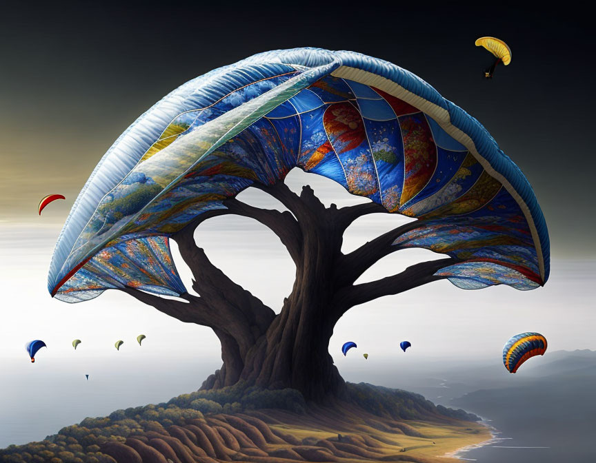 Surreal artwork: Enormous tree with paraglider canopy above coastal landscape