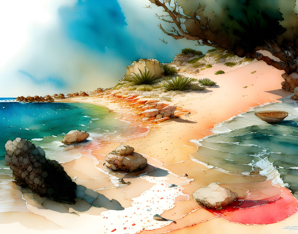 Serene beach watercolor with rocks, sand, clear water, and vegetation