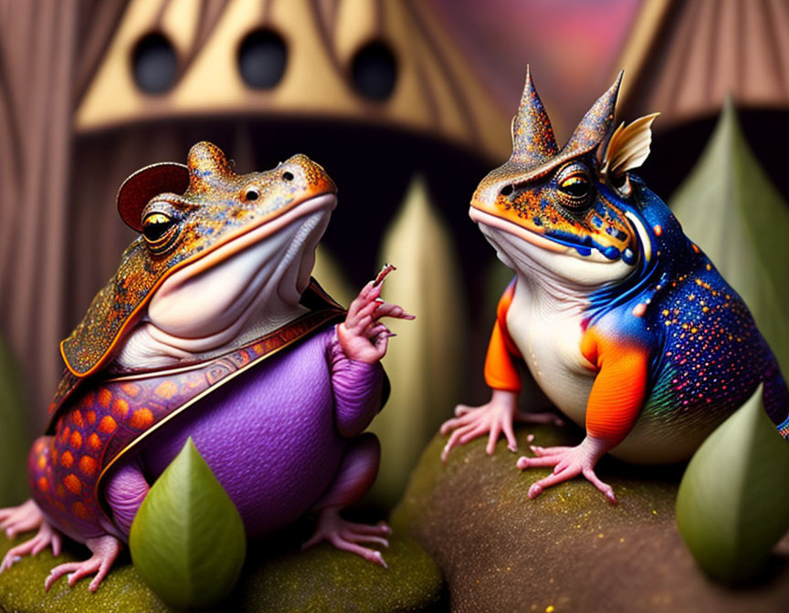 Colorful anthropomorphic frogs in whimsical setting with vibrant foliage