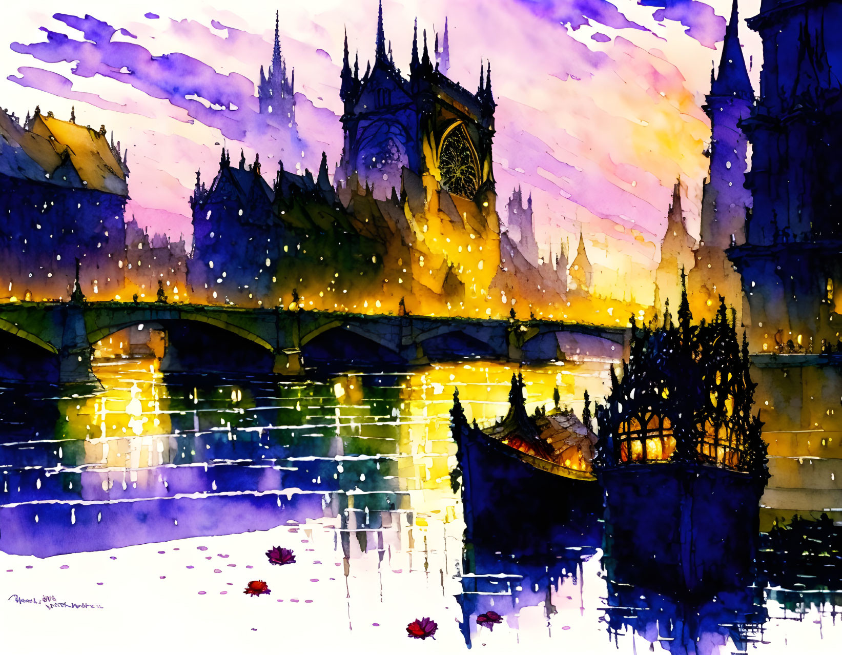 Cityscape Watercolor Painting: Dusk Scene with Silhouetted Buildings and Bridge