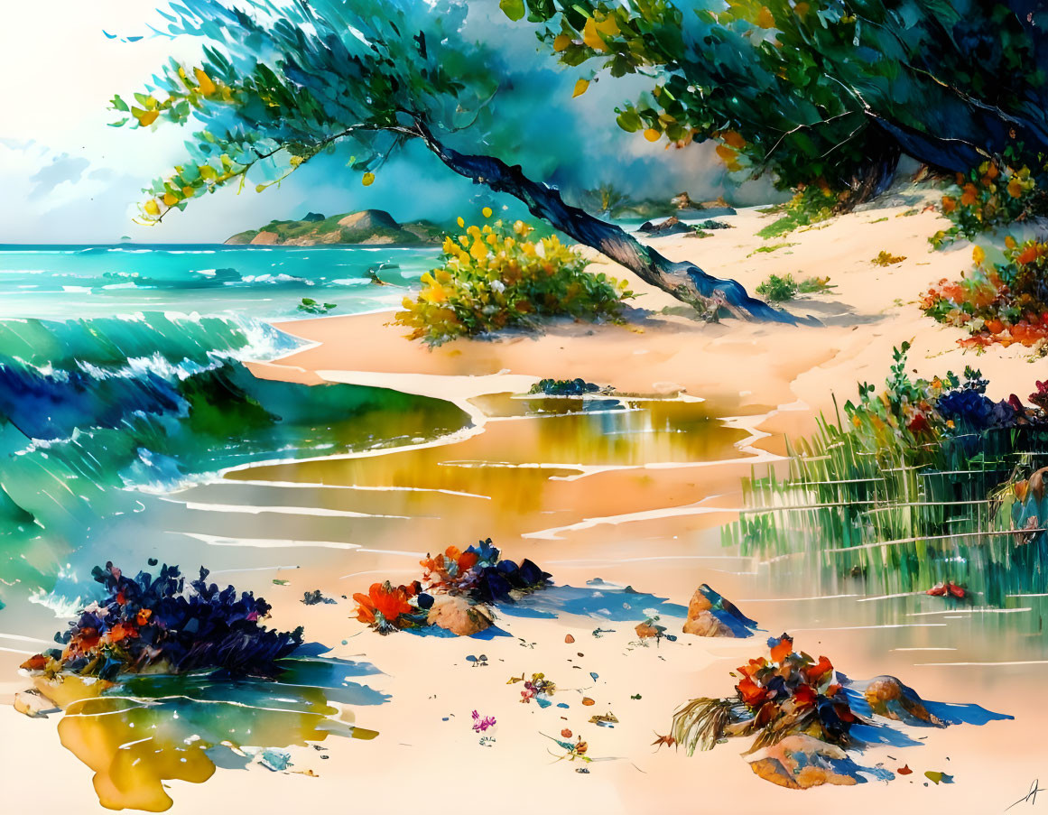 Colorful beach painting with bent tree, flowers, and distant island