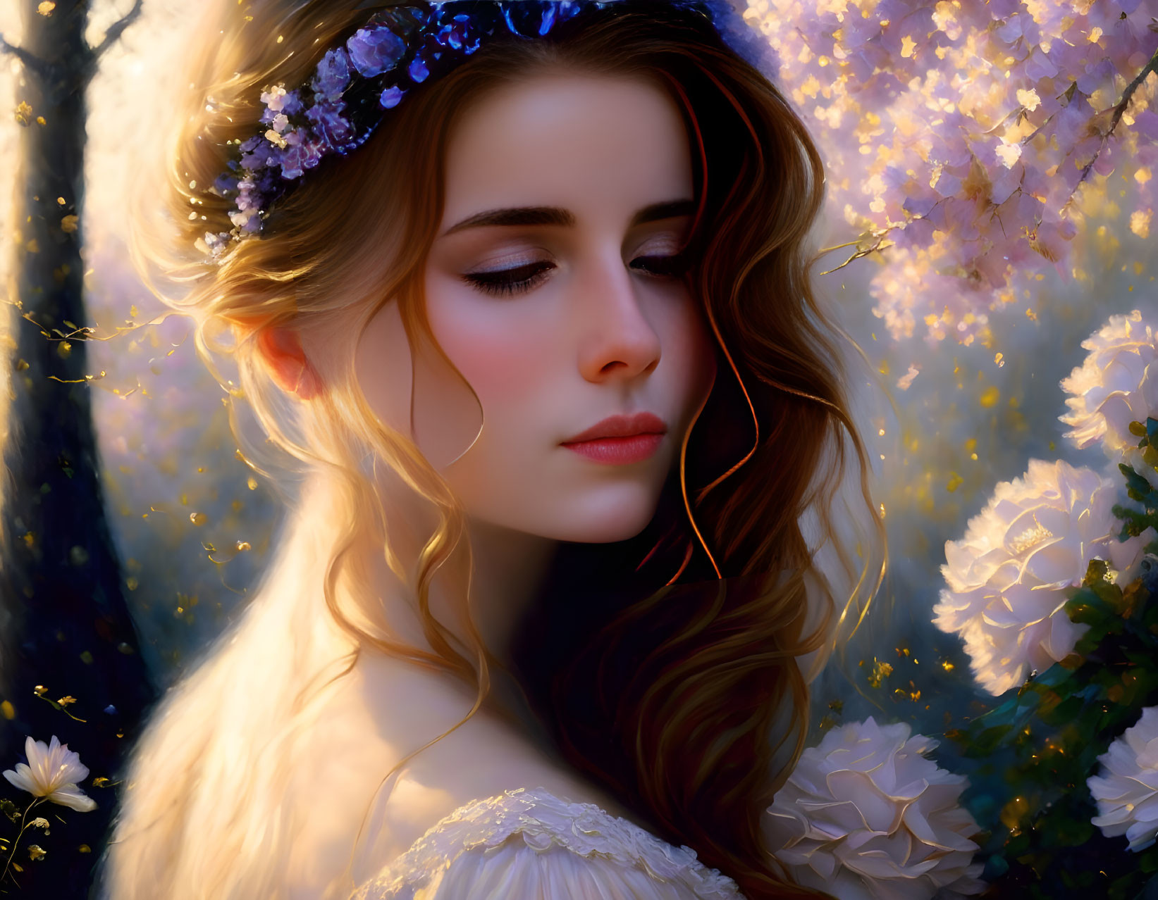 Woman with Floral Crown Surrounded by Soft-Focus Blossoms