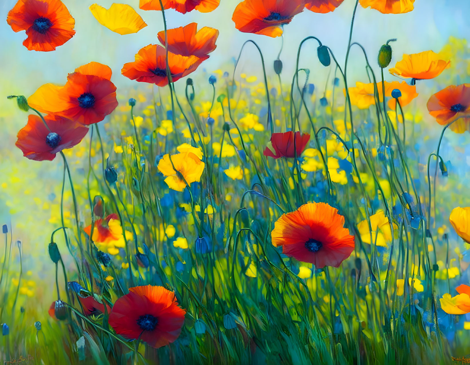 Colorful Field of Red Poppies and Yellow Wildflowers in Serene Meadow