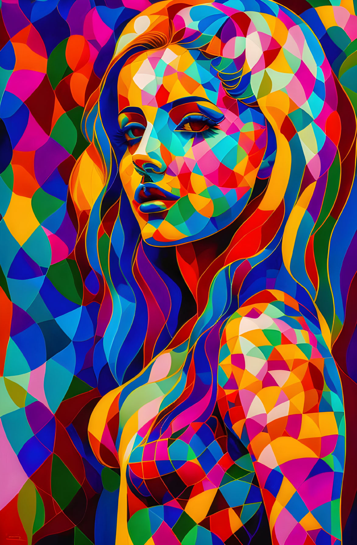 Colorful geometric patterns overlay woman in vibrant portrait