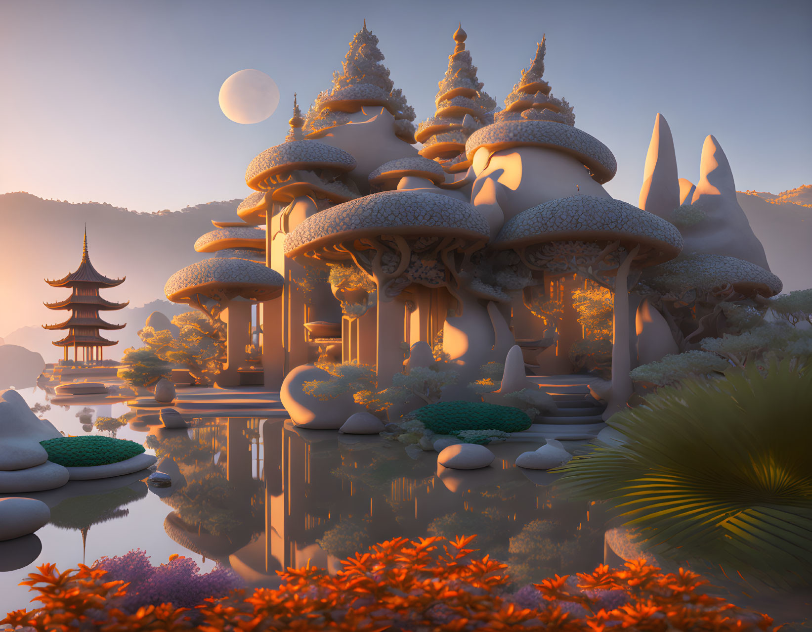 Fantasy landscape with mushroom-shaped buildings, pagoda, water, and moon at dusk