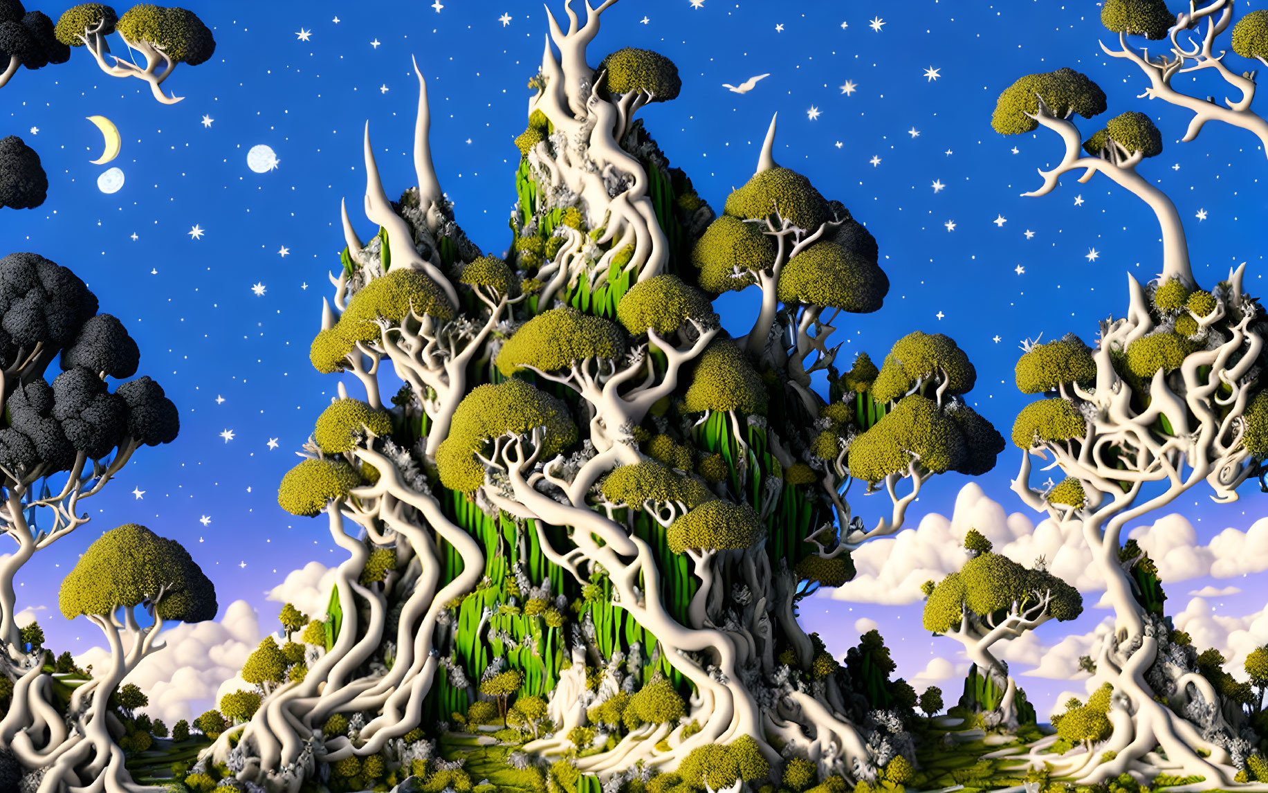 Surreal landscape with twisted white trees and multiple moons