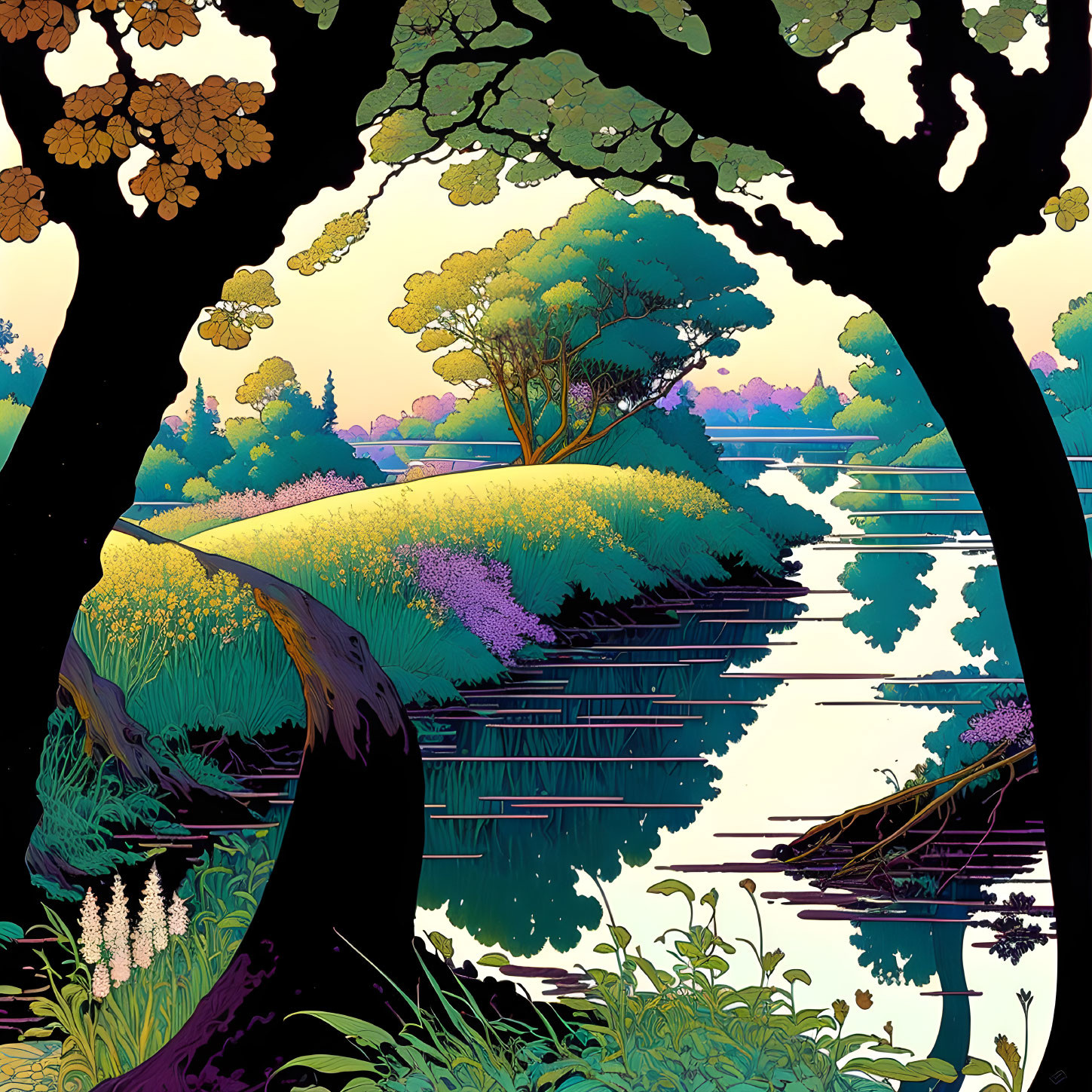 Tranquil riverside landscape with silhouetted trees in shades of purple, blue, and