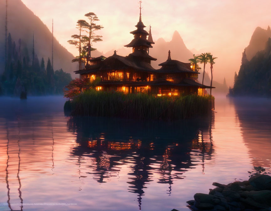 Multi-tiered pagoda on misty island at dusk