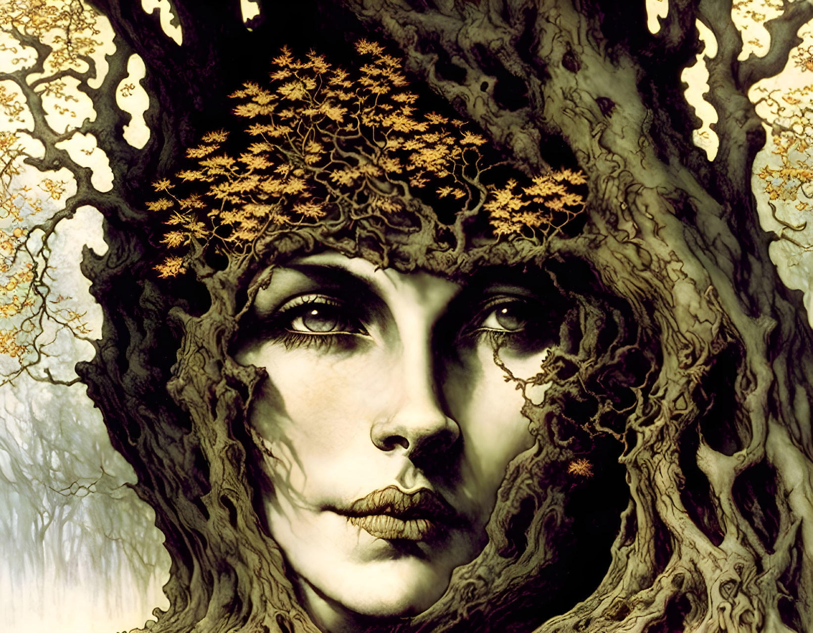 Face blended with tree textures, branches, autumn leaves, mystical ambiance