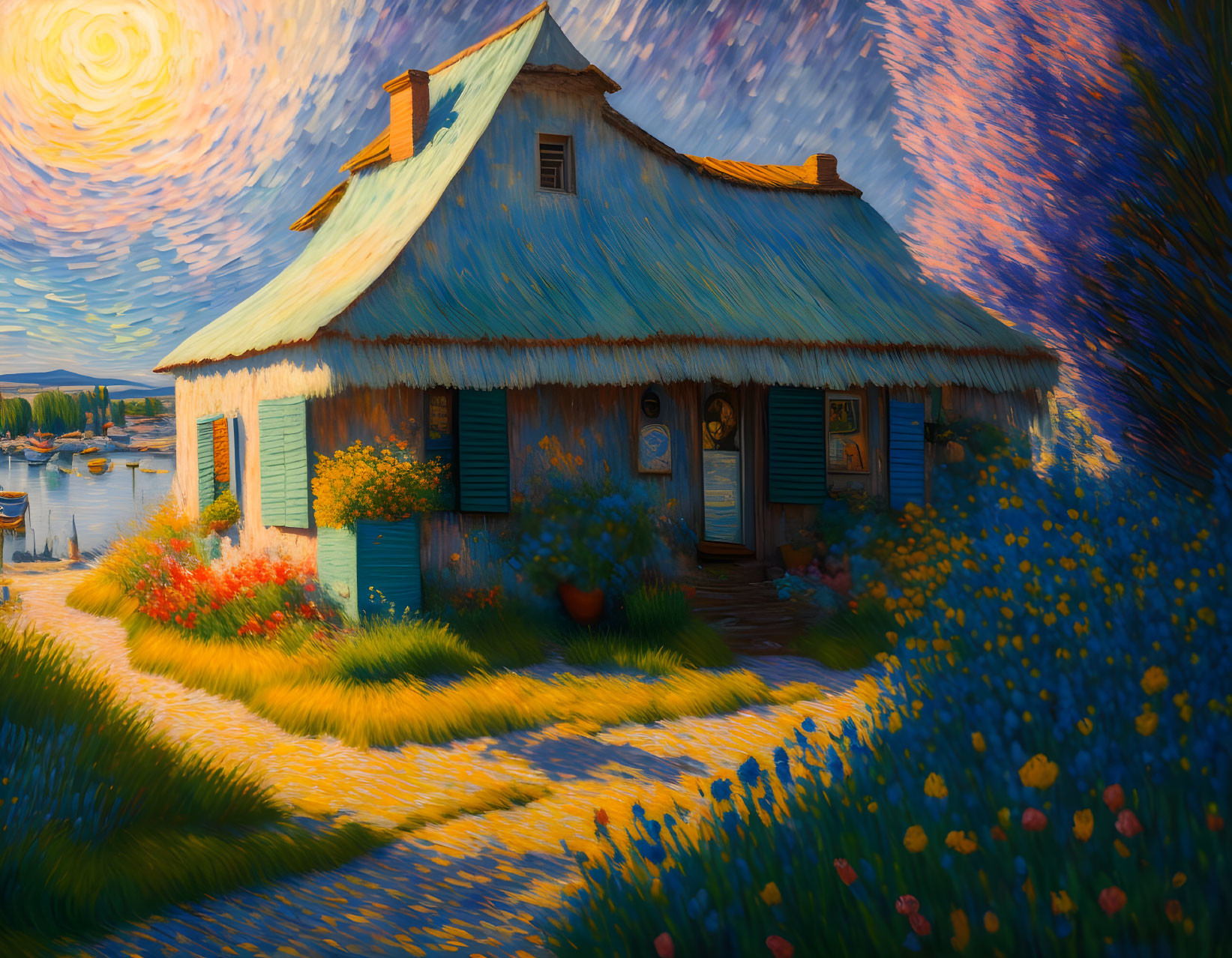 Teal-roofed house amid wildflowers under starry sky landscape