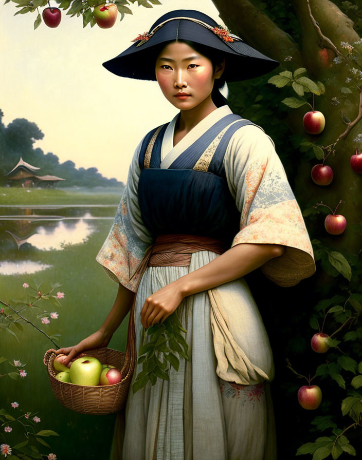 Traditional Asian woman with conical hat holding apples by serene lake