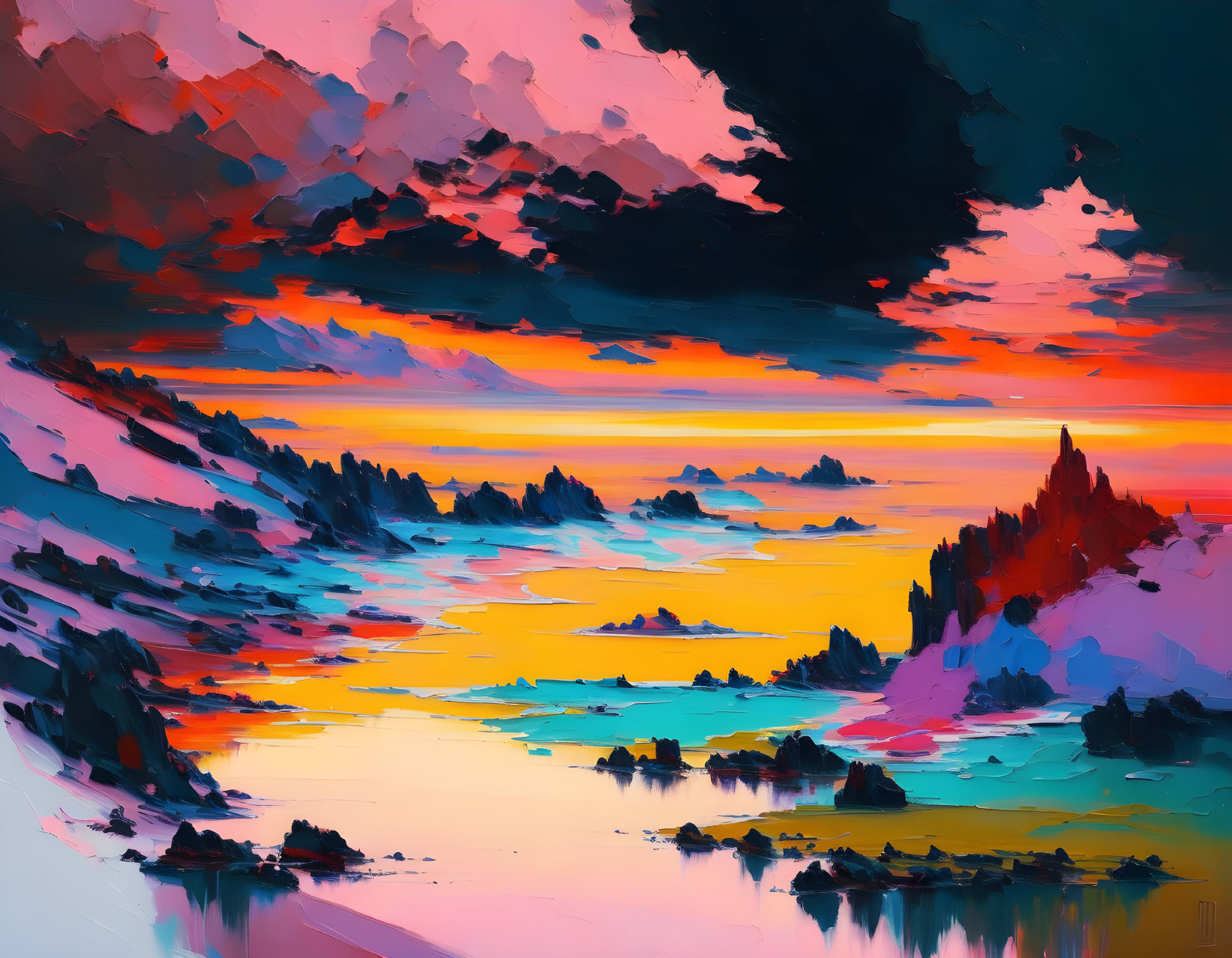 Colorful Landscape Painting: Sunset, Dramatic Clouds, Water Reflections, Snow-Covered