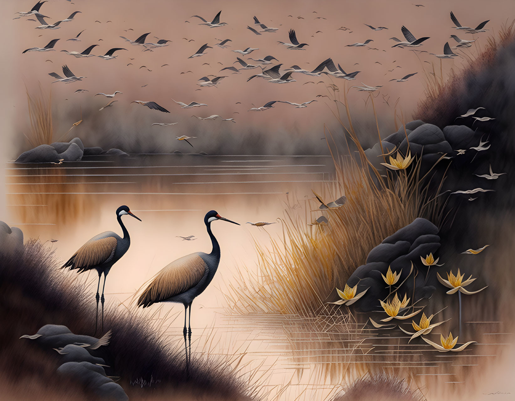 Tranquil lakeside scene with cranes, birds in flight, reeds, and water l