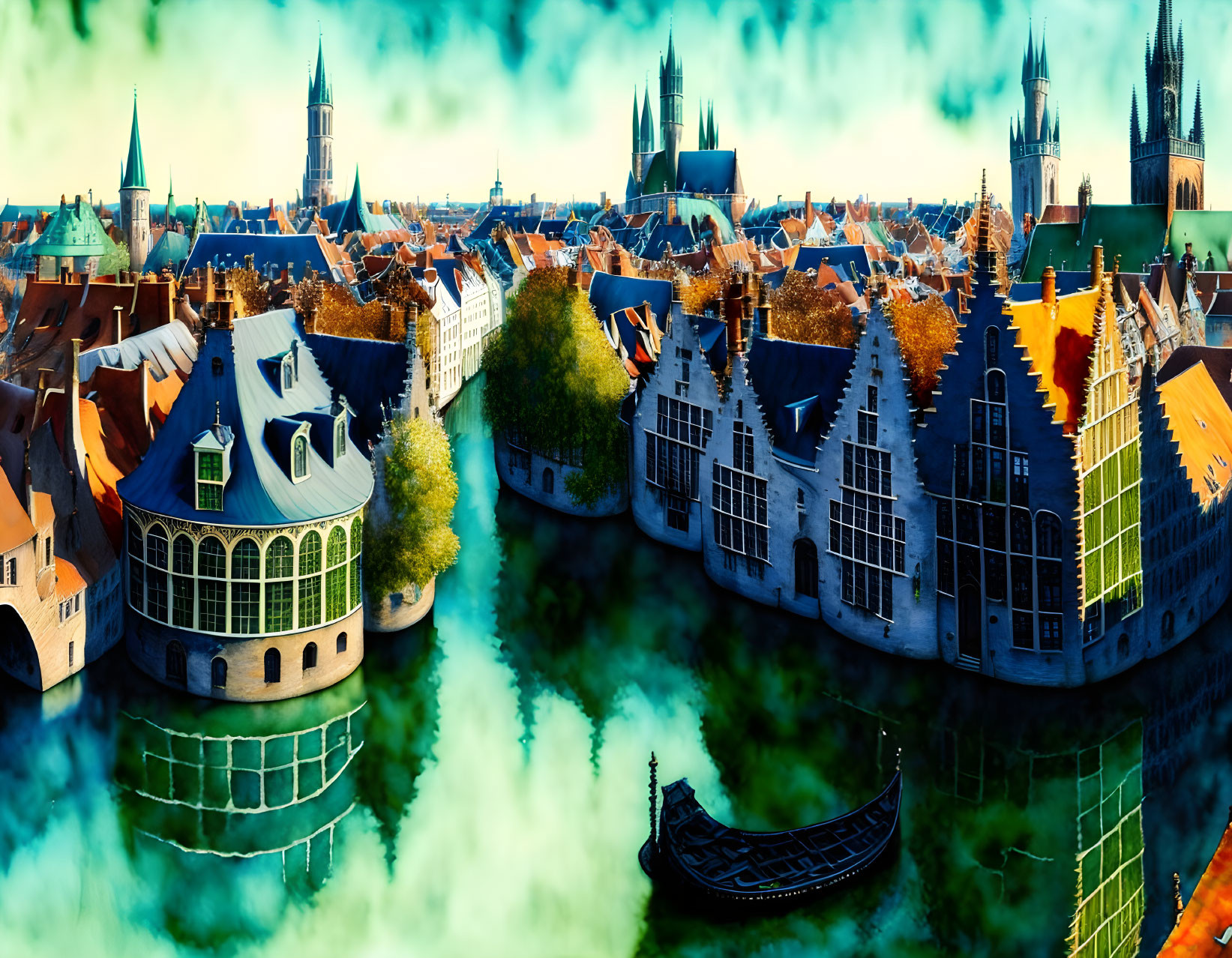 Historical European Cityscape: Gothic Architecture, Canals, Gondola, Blue Sky