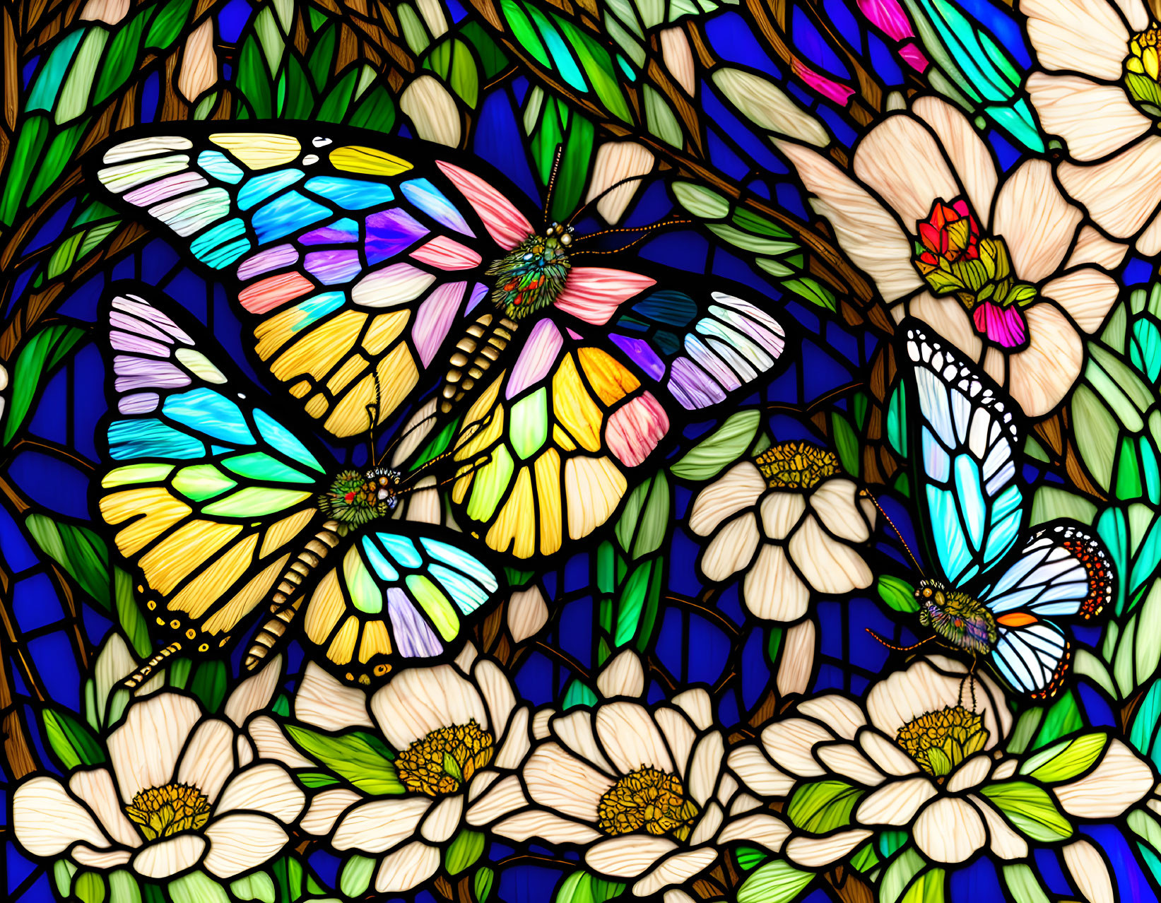 Vibrant Butterfly and Flower Stained Glass Design on Blue Background