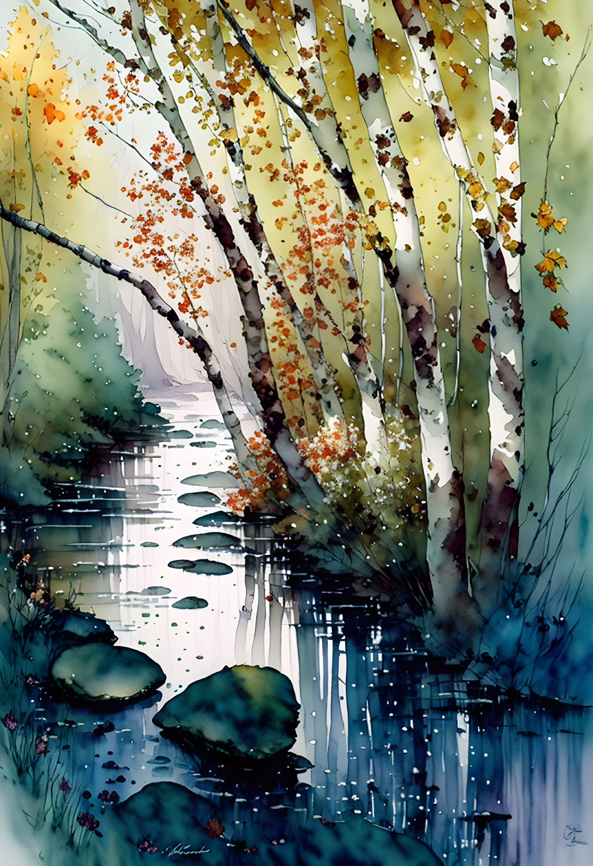 Serene riverside watercolor with slender trees and autumn leaves.