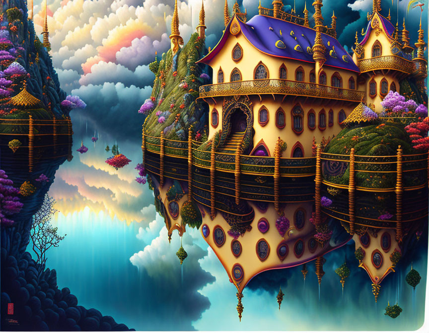 Fantastical floating castle with golden spires and lush surroundings