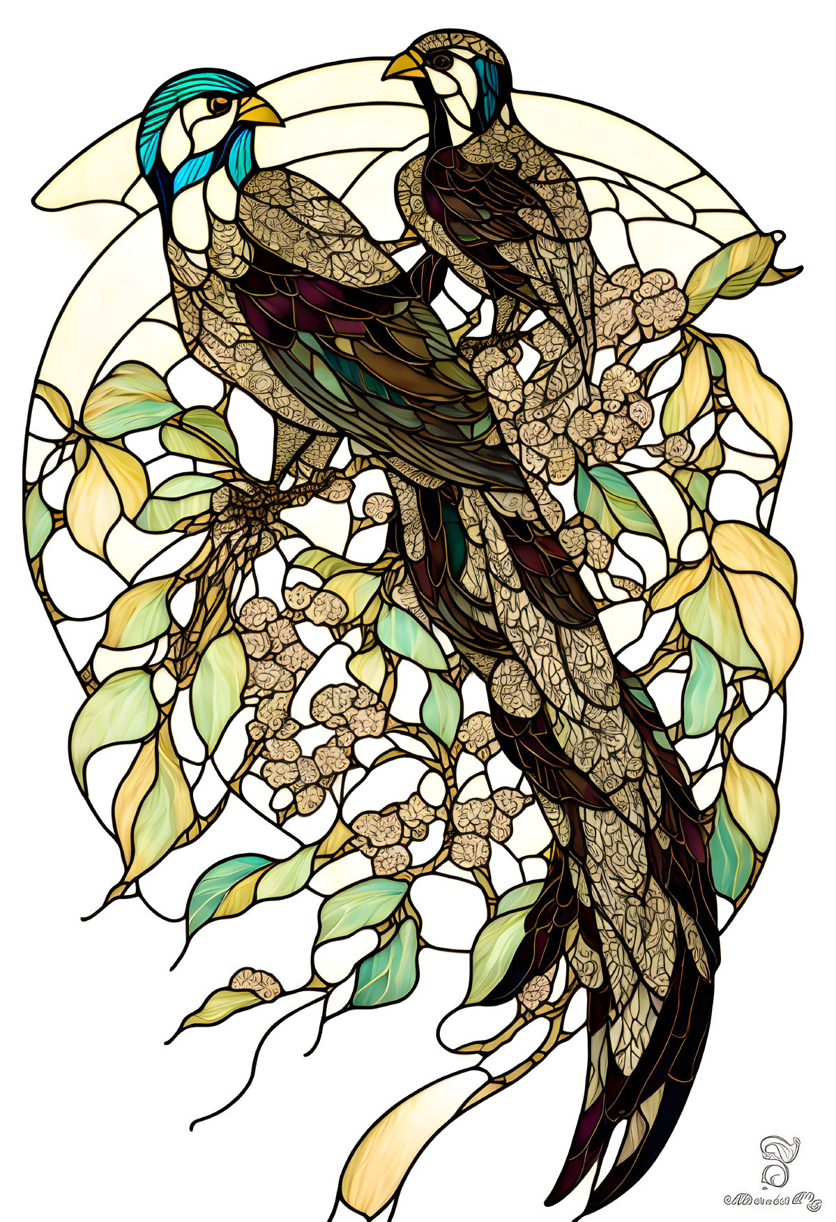 Stylized birds with elaborate feathers in vibrant stained glass design