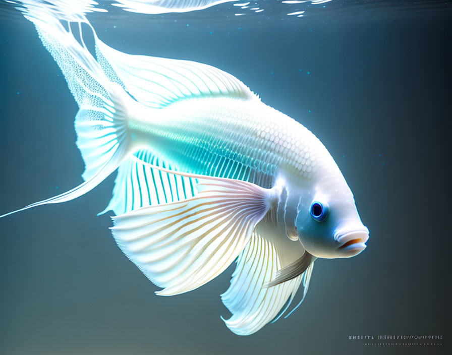 White ornamental fish with flowing fins and delicate tail in clear blue water