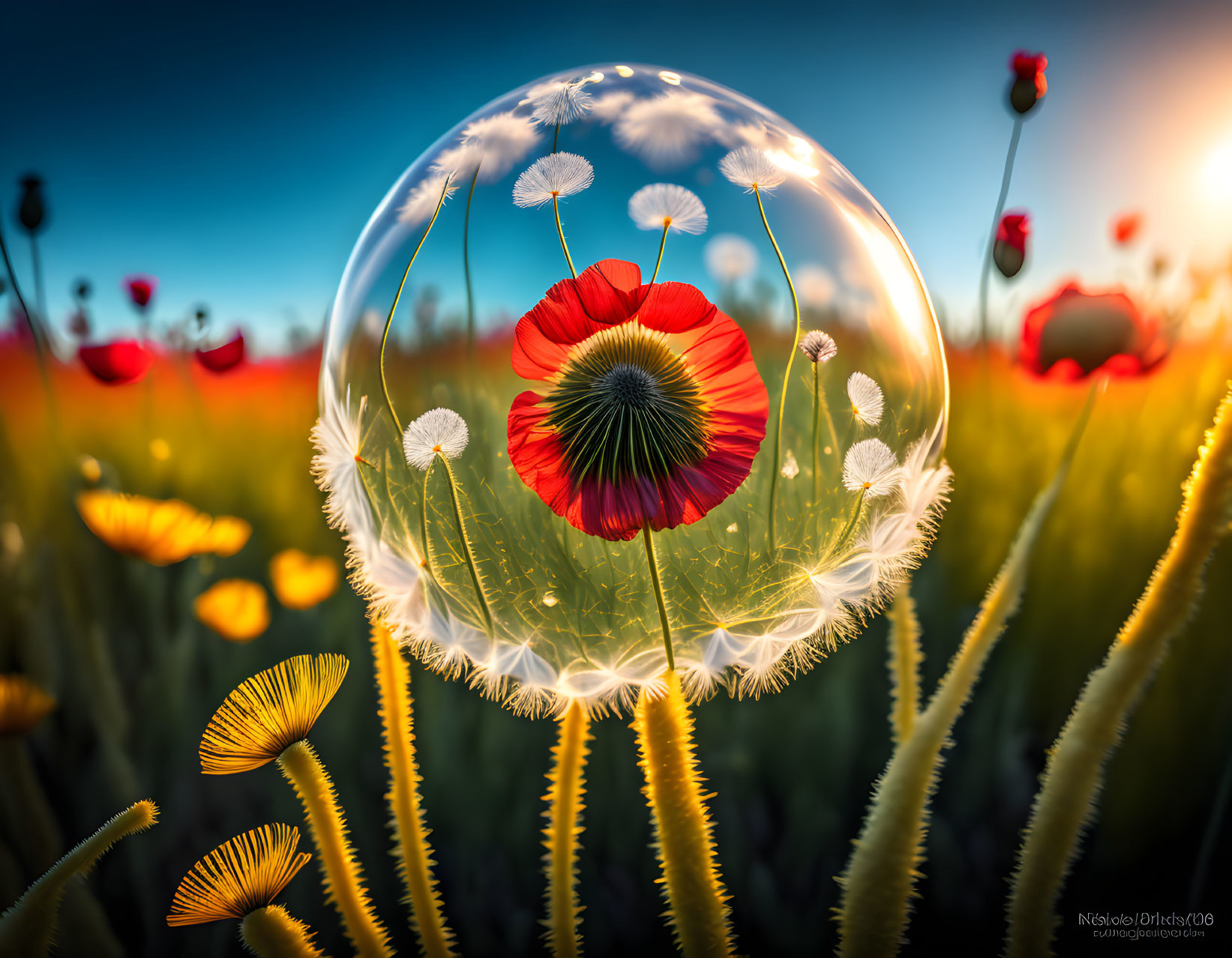 Soap bubble reflecting red poppy and dandelions in field of poppies at sunset