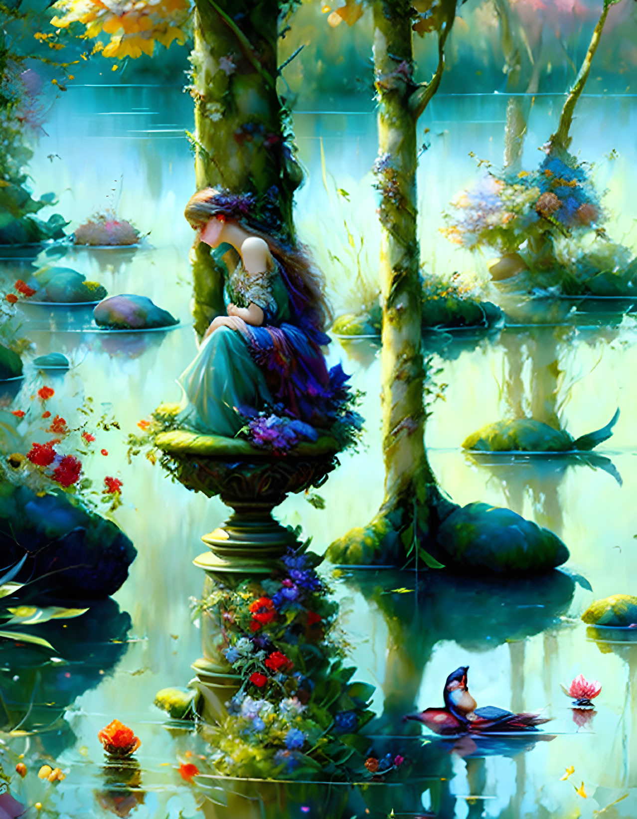 Whimsical painting of woman in blue gown surrounded by water and flowers in enchanted forest