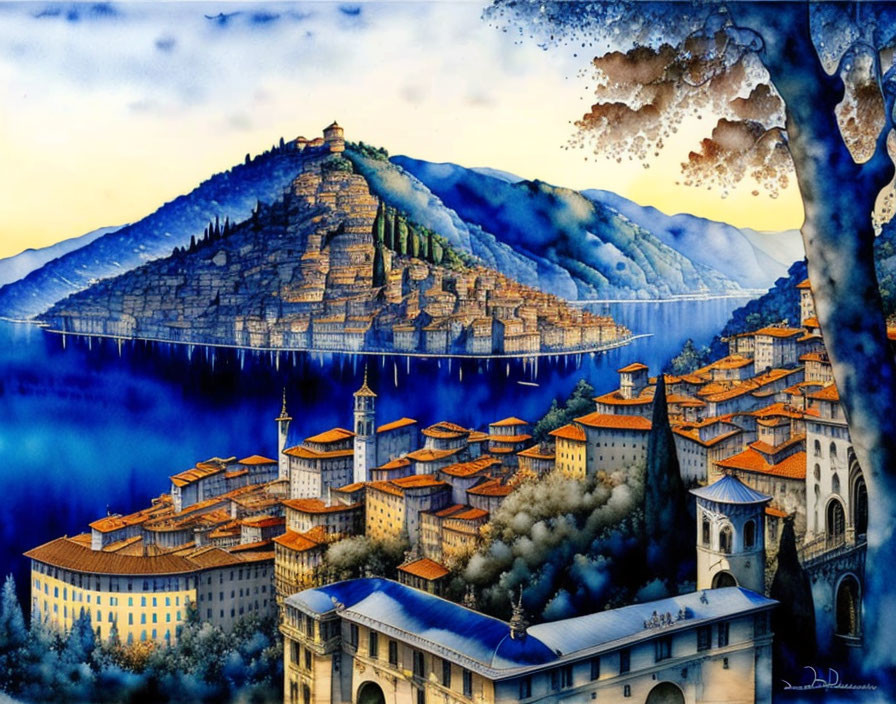 Serene hilltop town watercolor painting with blue hues & warm golden lights