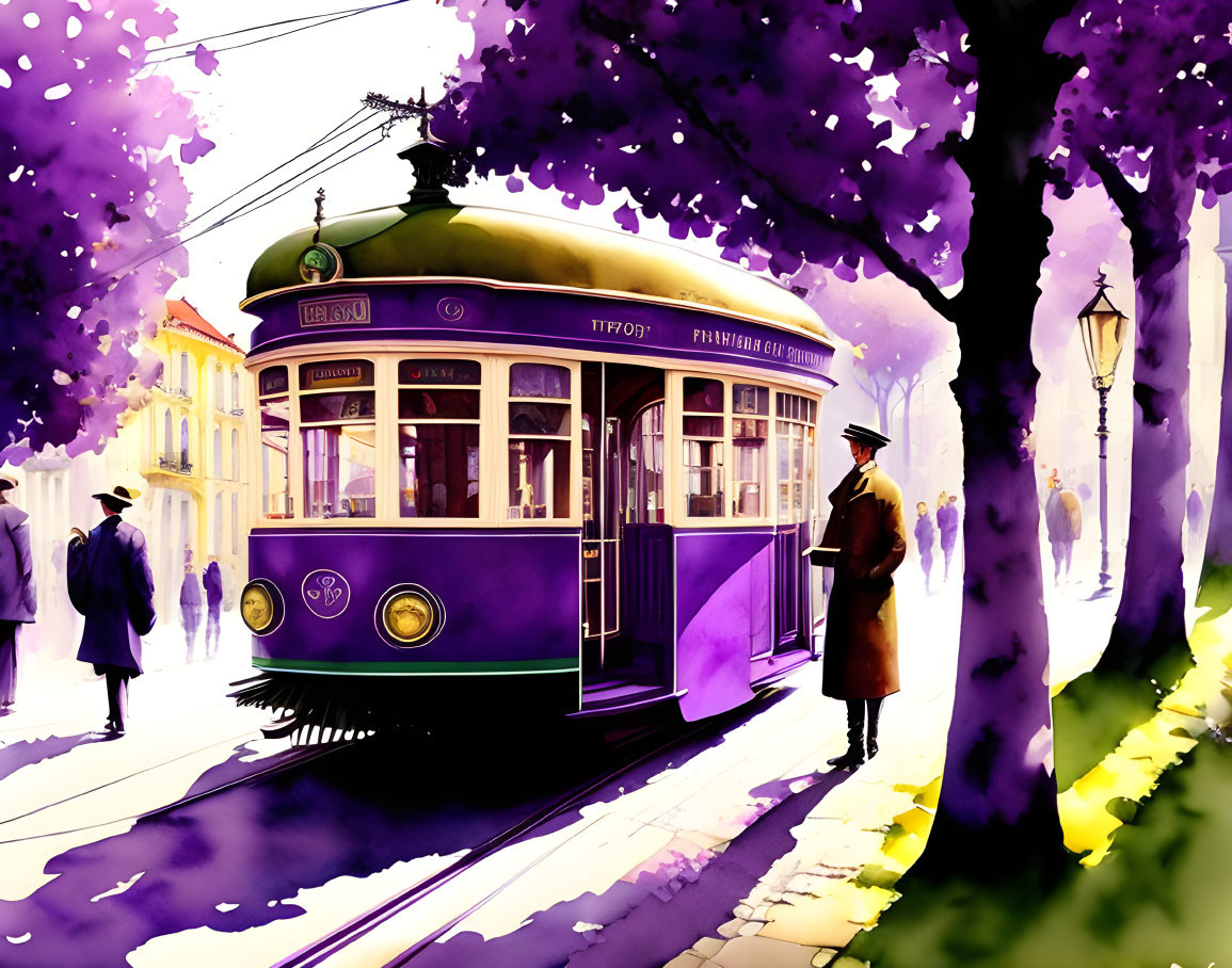 Vintage Purple Tram in a Sunlit Street Scene