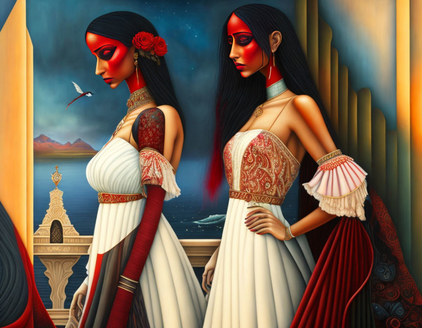 Two women in red masks and ornate dresses against surreal background.