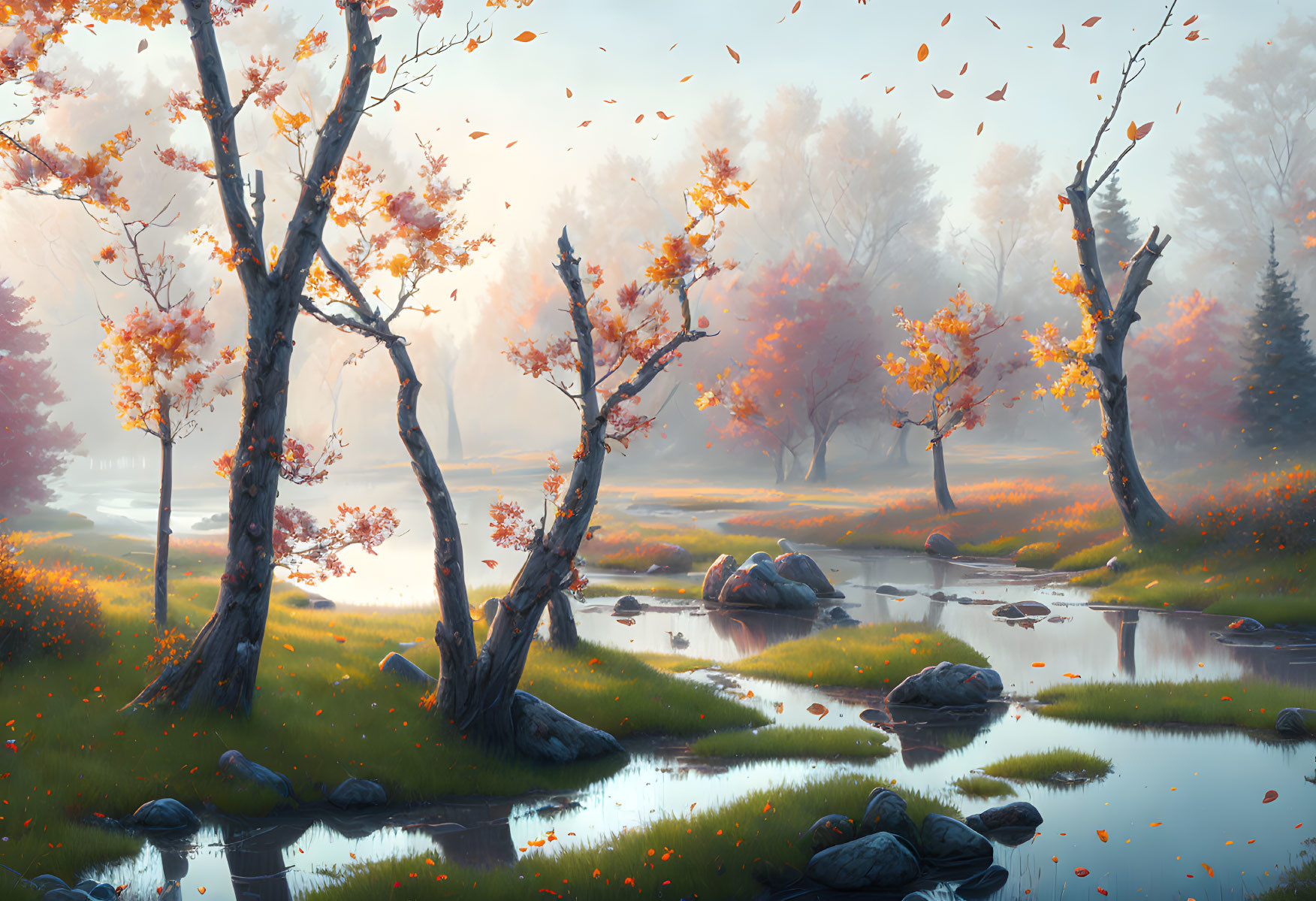 Autumn Trees, Serene River, Misty Landscape