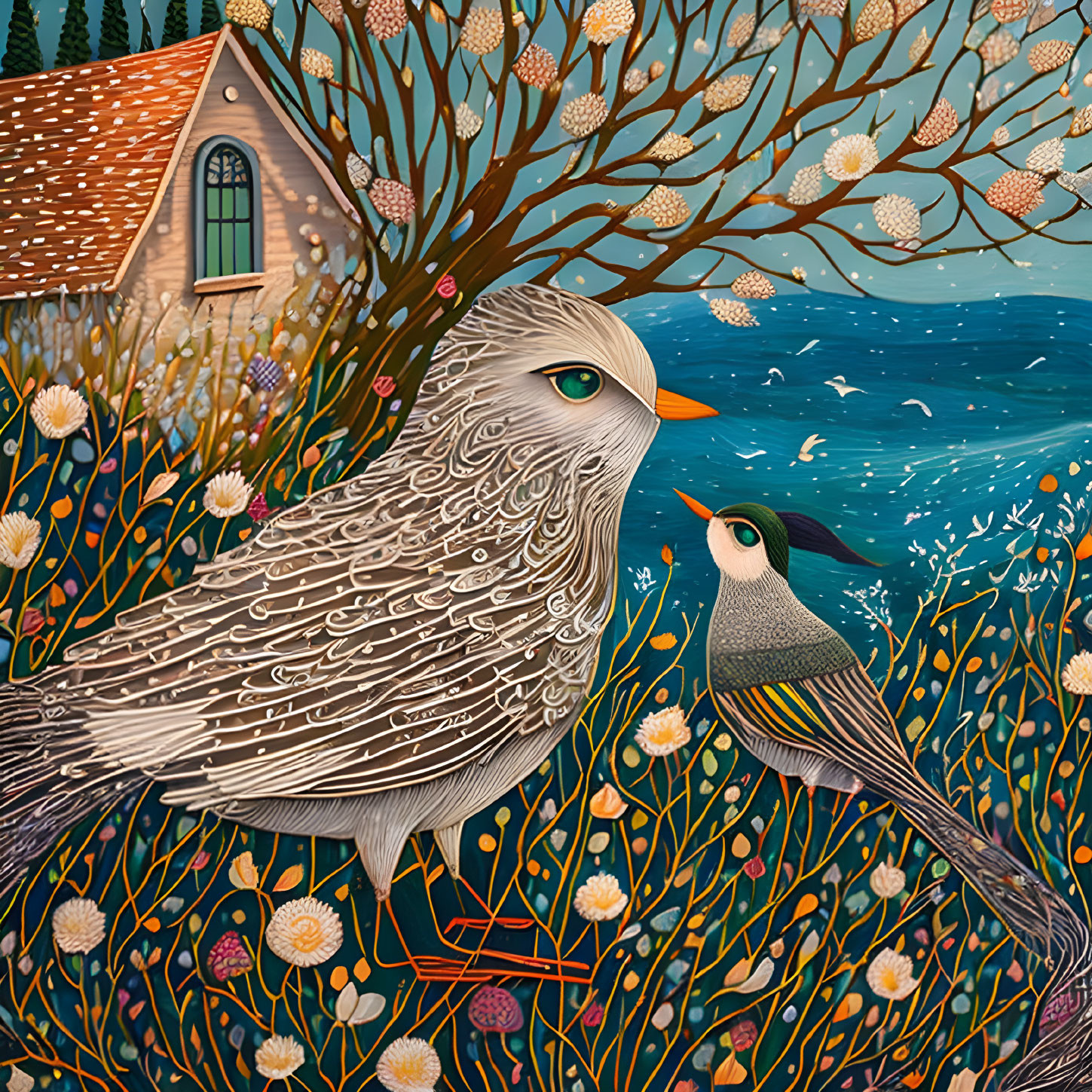 Stylized birds with intricate feather patterns in whimsical landscape