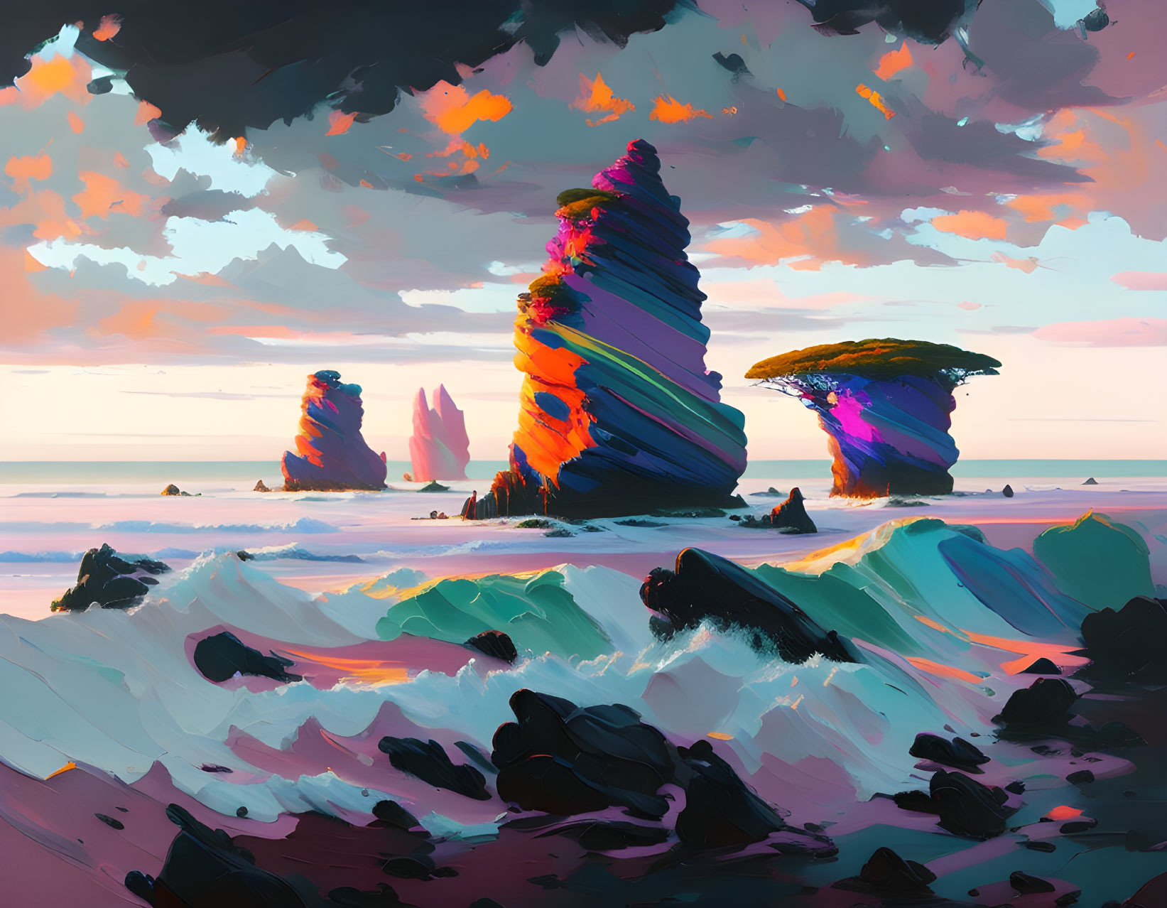 Majestic rock formations in vibrant digital painting