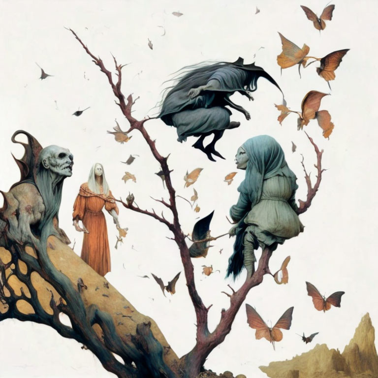 Surreal artwork: skeletal figures, cloaked characters, butterflies on leafless tree branch