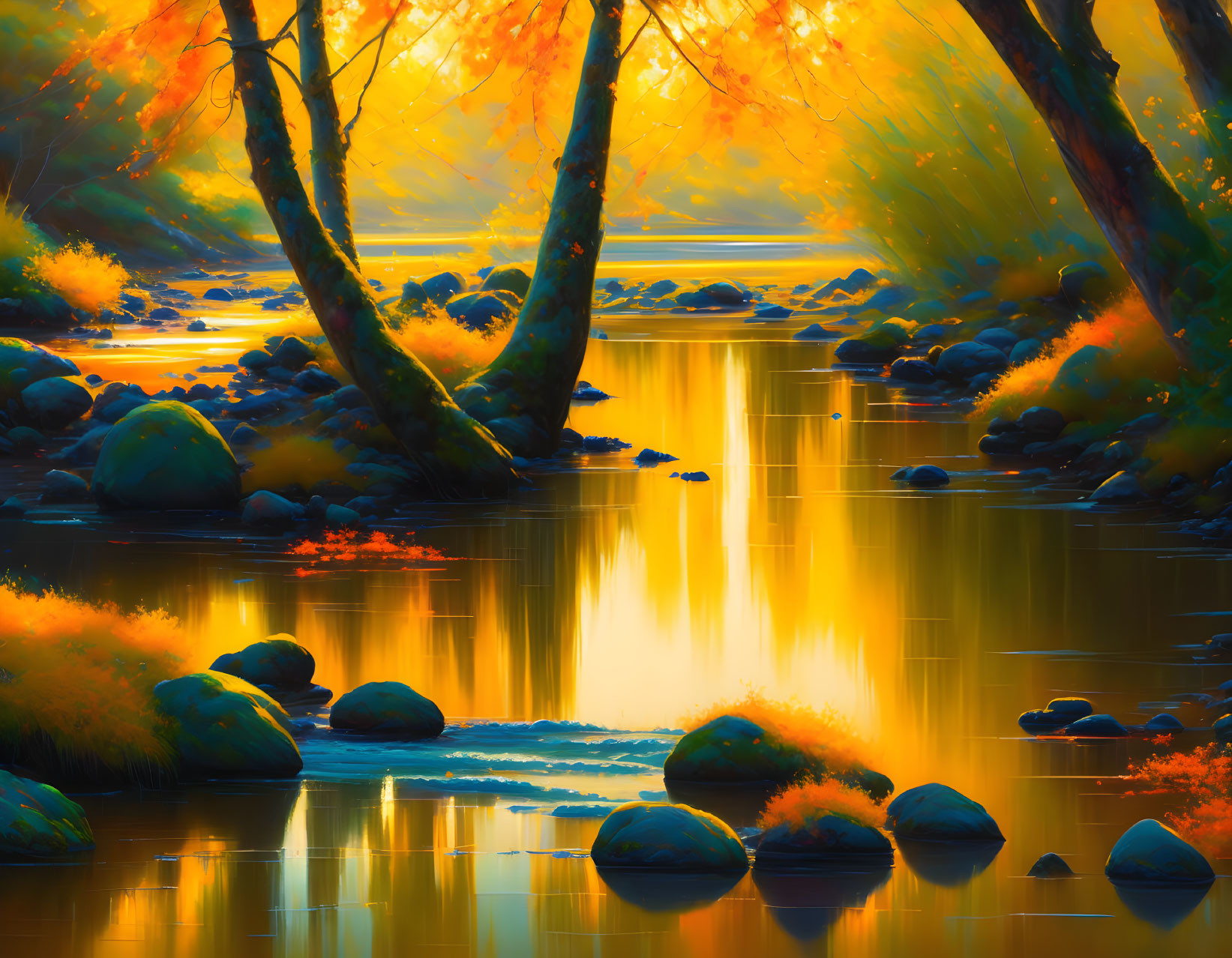 Golden autumn trees reflected in serene river at sunset