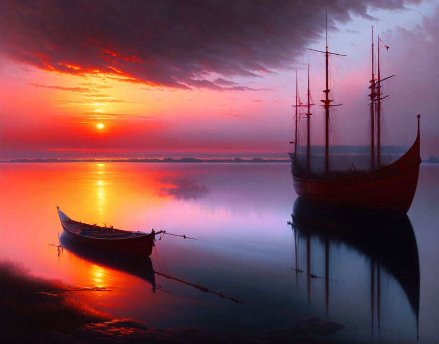 Boats on calm lake with red and orange sunset reflection