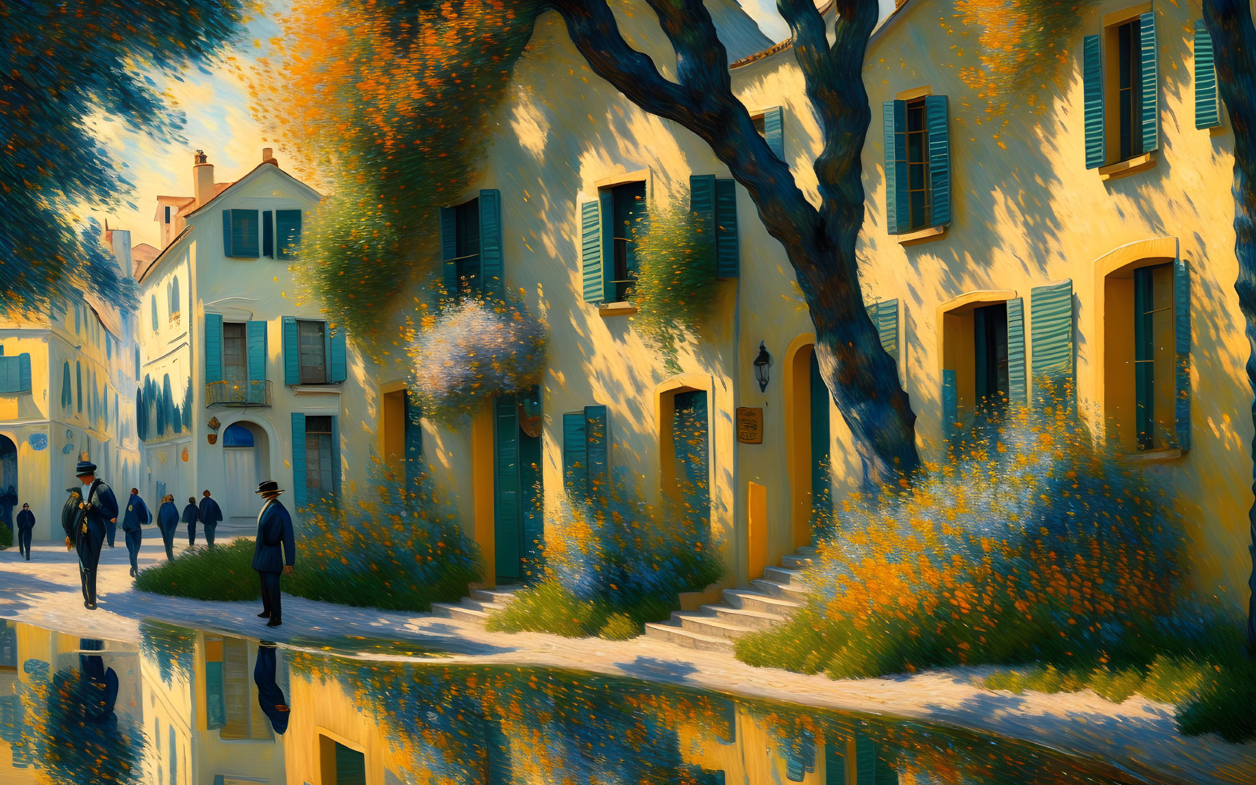 Tranquil street scene with yellow buildings and orange trees.