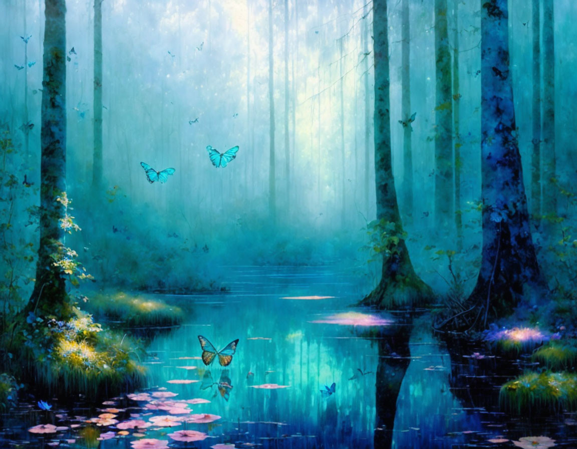 Mystical forest with blue butterflies, tranquil pond, and sunlight filtering through misty atmosphere