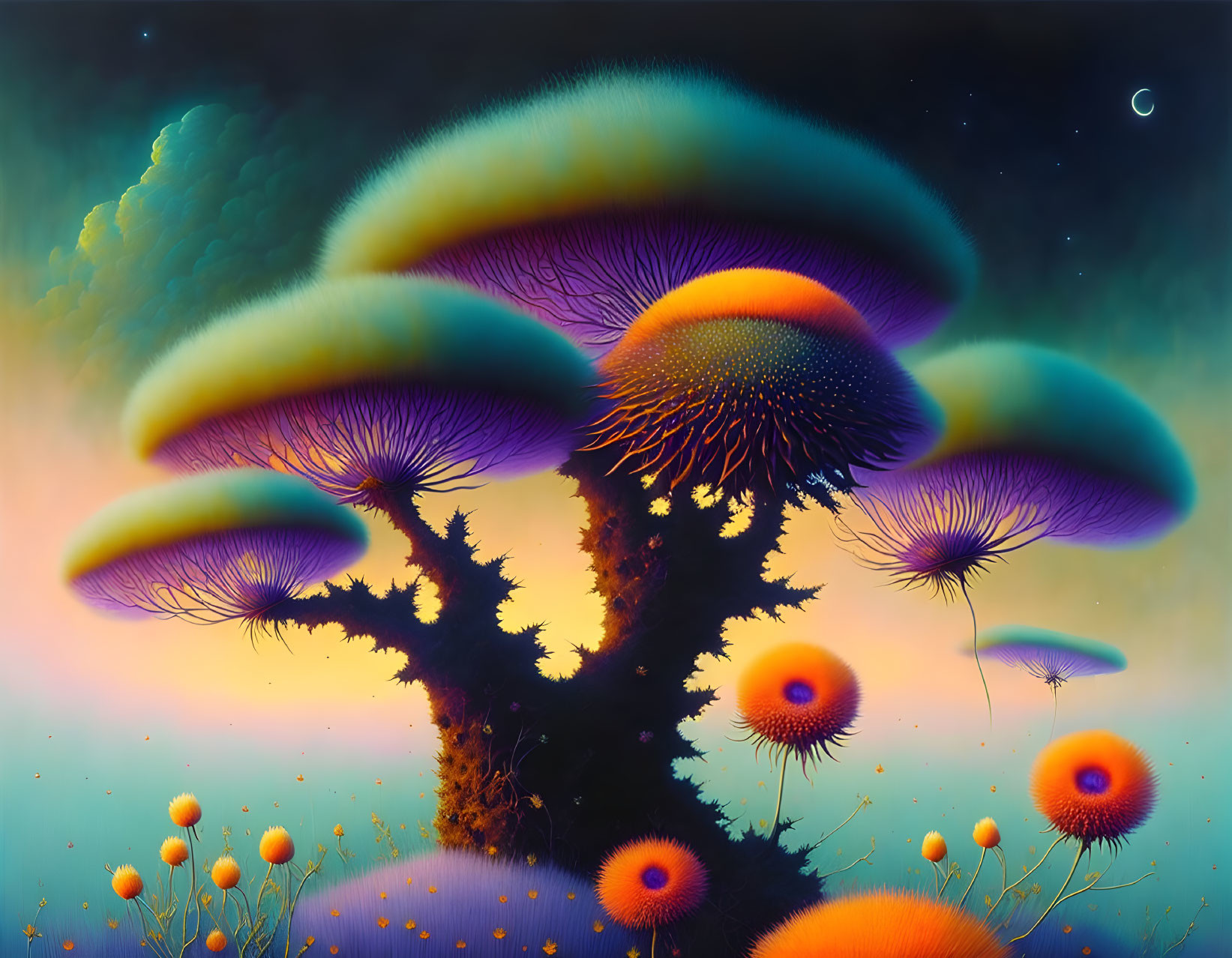 Surreal landscape: oversized mushrooms, globe-like plants, crescent moon